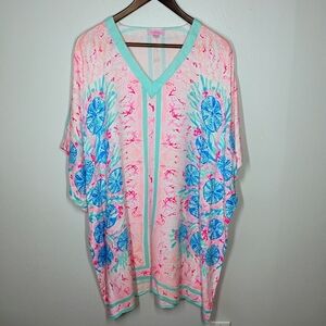 Lilly Pulitzer Thea Caftan Dress Women XXS/XS Pewter Pink Beach Cover Tropical